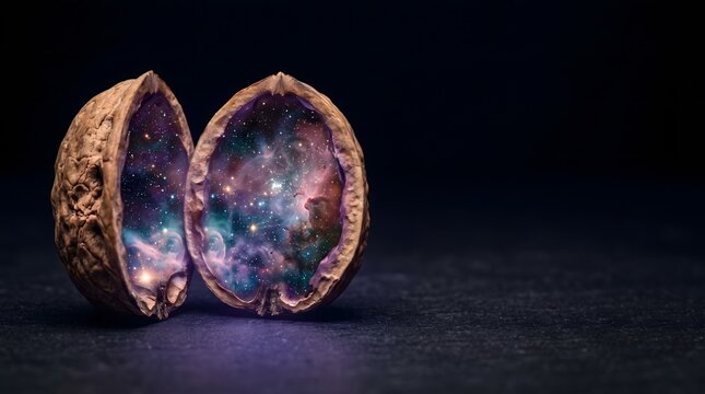 Cracked walnut shell containing miniature swirling nebula galaxy with violet teal and rose gold cosmic gas clouds inside its hollow interior on black background, surreal universe within nature concept