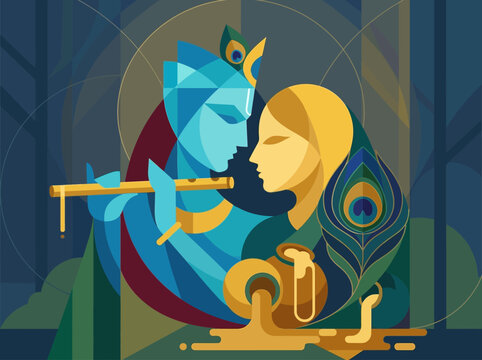 Modern Geometric Illustration of Radha and Krishna with Flute and Peacock Feather