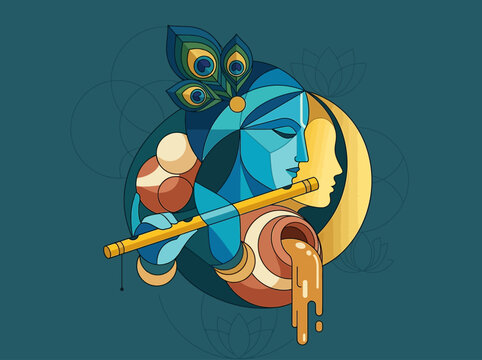 Modern Geometric Lord Krishna Illustration with Radha Profile, Flute, and Peacock Feather - Artistic Hindu Mythology for Janmashtami Festival