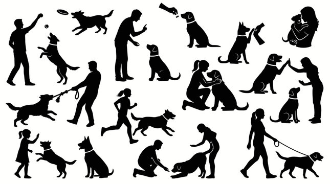 Diverse collection of dog and owner silhouettes engaged in various playful and training activities, rendered in a striking black and white graphic style