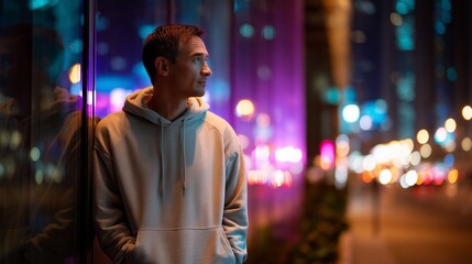 Fototapeta premium A man in a light hoodie stands pensively against a glass wall, surrounded by vibrant city lights. The evening sky glows with a mix of colors as he contemplates his surroundings