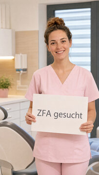 L&auml;chelnde junge ZFA in pinken Scrubs h&auml;lt wei&szlig;es Schild ZFA gesucht in moderner Zahnarztpraxis &ndash; Dental Recruiting authentisch