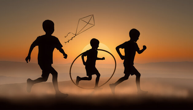 Group of children running playing outdoors silhouetted against a vibrant sunset sky with a flying kite showcasing a joyful and active lifestyle of youth and creativity in nature