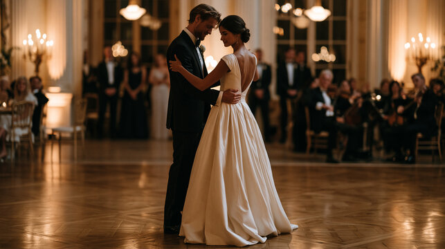 Bride and groom gliding across a reflective parquet dance floor at a ch&acirc;teau reception, a live string quartet visible in the background, overhead pendant lighting casting a warm golden arc that trac