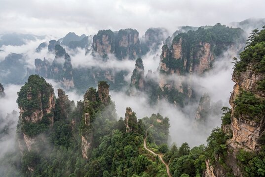 Misty Sandstone Pillars and Cloud Forest in Zhangjiajie National Park Hunan China