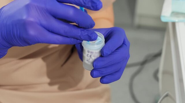 Gynecologist places cervical swab into sample vial for Pap test. Specialist secures specimen carefully preparing container for analysis