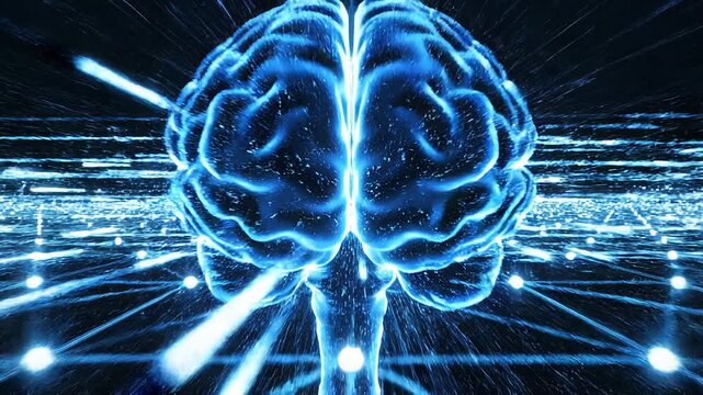 Futuristic digital brain with glowing neural network connections in technology and artificial intelligence concept