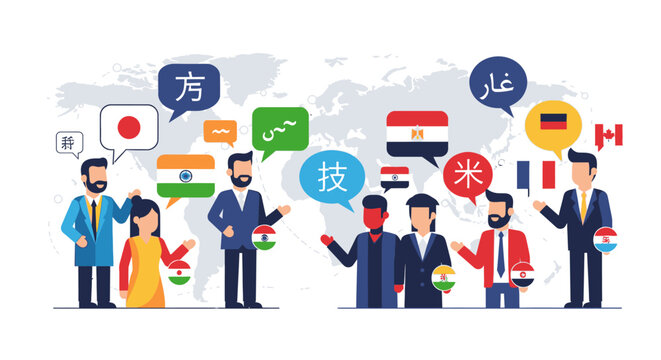 A diverse group of people from various countries communicate with each other using speech bubbles with foreign language text in a modern global setting.