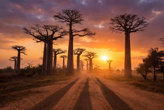 Famous Avenue of the Baobabs at Dramatic Sunset with Long Shadows on Dirt Road in Madagascar