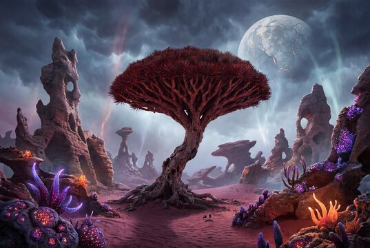 Fantasy Alien Planet Landscape with Dragon Blood Tree Bioluminescent Plants and Cracked Moon at Night