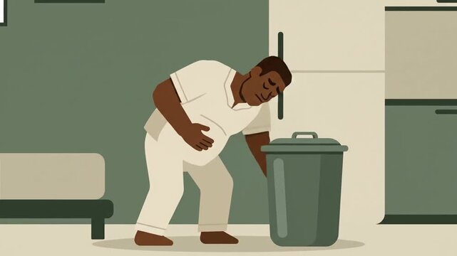 Man Showing Symptoms Of Stomach Distress And Nausea Leaning On Trash Can