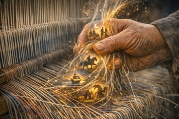 A person weaving a piece of cloth on a traditional loom