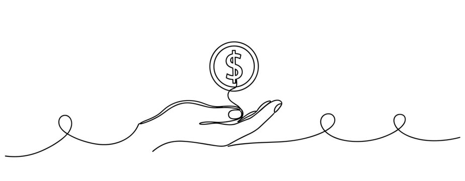 Single-line drawing: hand holding dollar symbol in minimalist style. No editable stroke