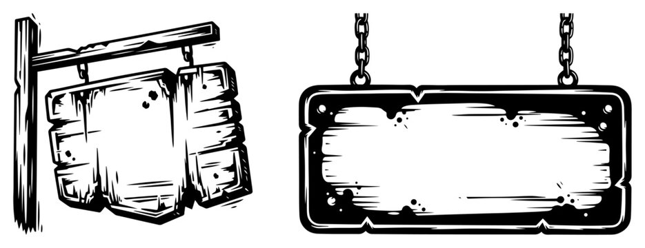 Rustic wooden signs set hanging on chains and post blank banner vintage sketch