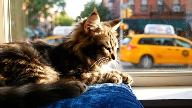 Fluffy cat watching yellow taxi cabs from a sunlit windowsill in New York City