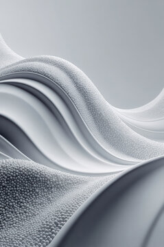 Wavy ridges composed of small spherical granules undulate across the frame against a neutral gray field under soft diffuse illumination with subtle shadow gradients along the curves.