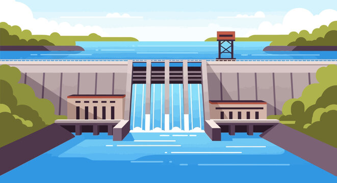 Illustration depicting a hydroelectric dam releasing water for power generation, vector artwork