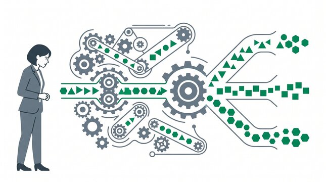 Flat vector illustration of a businesswoman watching a mechanical gear machine sorting mixed geometric shapes representing data processing and algorithmic filtering