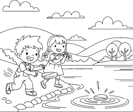 Children skipping stones on a calm lake surface