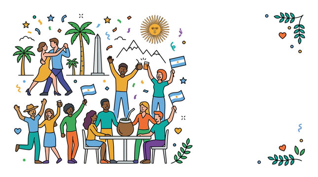 Illustration of diverse people celebrating Argentine culture with traditional elements.