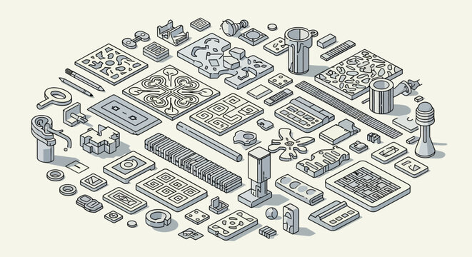 Isometric arrangement of miscellaneous objects in a graphic illustration style