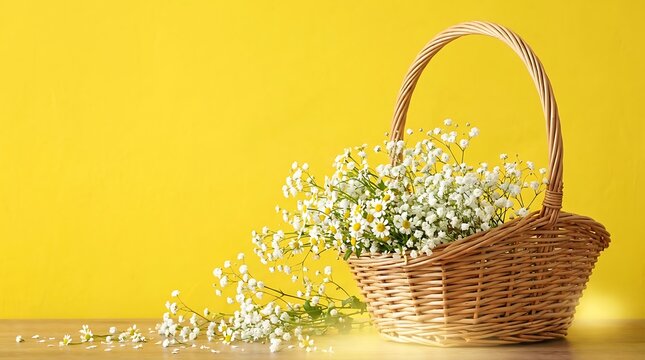 Wicker basket filled with white flowers on a bright yellow background still life background