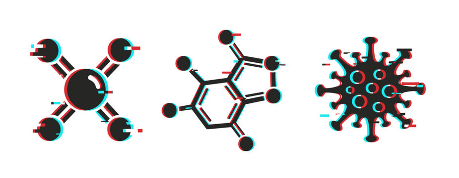 Molecular and viral icons shown in schematic horizontal layout. Glitch effect