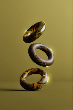 Three patterned toroids float vertically in a column against an olive backdrop. Intricate golden swirls decorate the dark matte surfaces while warm light grazes their curved edges.