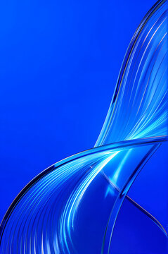 Glass sculpture twists in a fluid motion against a vibrant cobalt field. Refracted light streaks across translucent ribbed surfaces, creating sharp lines and high contrast glows.