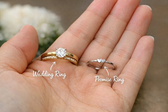A hand holds three wedding rings and a promise ring, symbolizing commitment and love