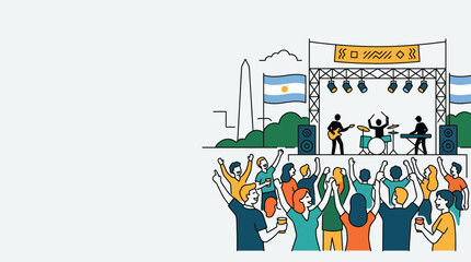 Obraz premium Illustration of a live music concert with a band performing on stage before a cheering crowd.