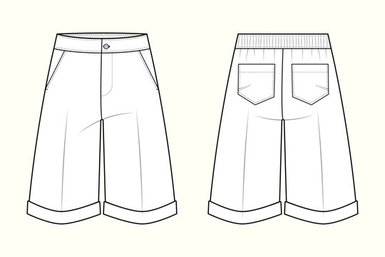 Casual Wide-Leg Cuffed Bermuda Shorts Technical Flat Sketch Template