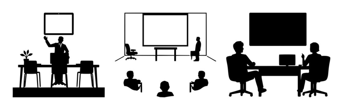 Virtual classroom icon set with solid black design on white background featuring education, e-learning, online learning with classroom and computer