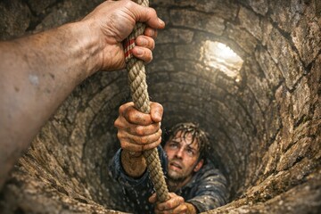 Fototapeta premium A person holding a rope in a dark tunnel, potentially for rescue or navigation purposes