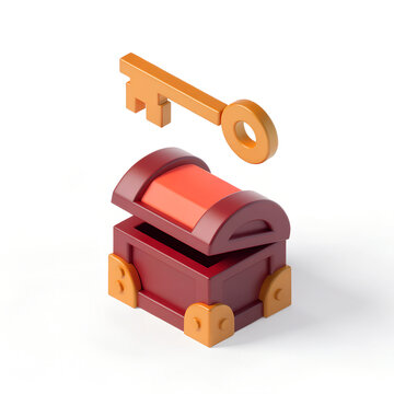 Isometric 3D classic wooden treasure chest with golden brackets and a glowing golden key floating above it, minimalist clay art style illustration