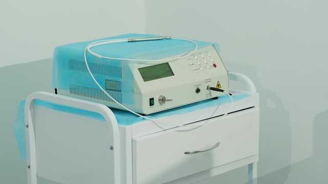 Modern coagulation analyzer used to measure blood clotting speed and platelet levels in hospital. Medical equipment for patient treatment in clinic