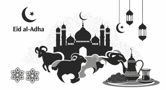 Elegant monochrome Eid al-Adha poster illustration featuring Islamic symbols, mosque silhouette, sacrificial rams, and traditional elements for religious celebration