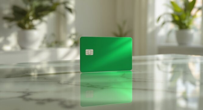 Blank green credit card on a marble table with plants in the background.