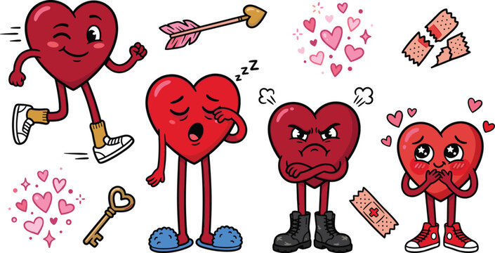 Retro Cartoon Heart Character Vector Sticker Set with Different Expressions Cupid Arrow Key and Plaster for Valentine Day Designs