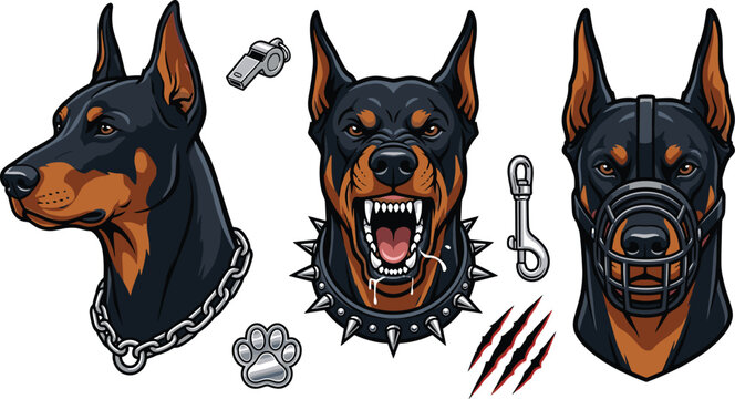 Doberman Pinscher Guard Dog Vector Sticker Set with Aggressive Barking Face Muzzle Spiked Collar Chain and Scratch Marks for Security Designs