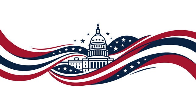 US Capitol building with flowing patriotic stripes and stars.