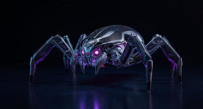 Futuristic mechanical spider robot with glowing purple eyes on dark background.