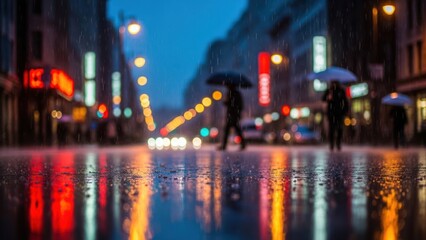 Obraz premium City street scene at dusk with reflections on wet pavement and blurred lights