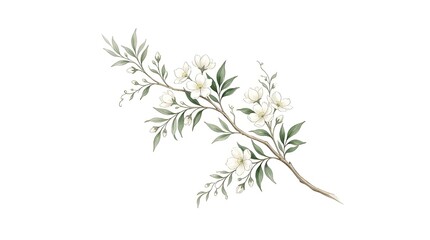 Fototapeta premium Elegant Watercolor Botanical Illustration of a Delicate Branch with White Jasmine Flowers and Green Leaves Isolated on White Background for Elegant Wedding Stationery Greeting Cards and Textile Design