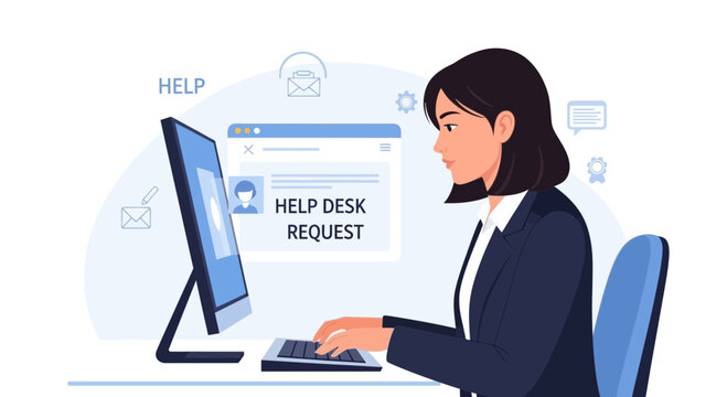 Customer service agent working on computer, help desk request online support