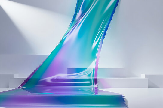Iridescent film drapes over white geometric blocks in a minimal studio space. Prismatic light refracts through translucent material creating vibrant teal and violet hues on smooth surfaces.