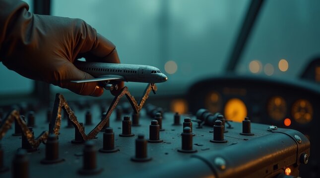 Pilot Hand Holding Miniature Airplane Model on Control Panel.