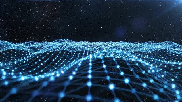 Abstract futuristic digital network with glowing blue particles and connected lines in space technology theme