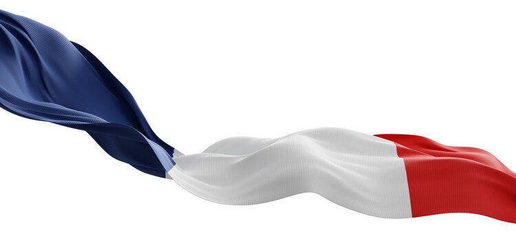 French flag flowing isolated on transparent background with luxury fabric texture and copy space 3D render