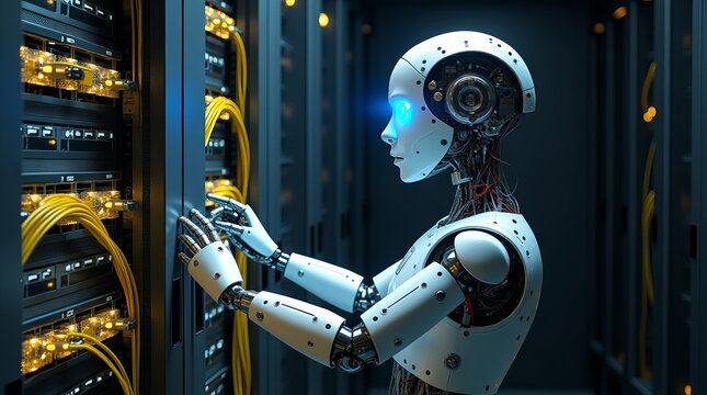 Futuristic humanoid robot working in high tech data center server room.